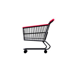 A shopping cart with a red accent in an empty shopping mall.