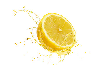 Half of lemon and splash of citrus drink in air against white background