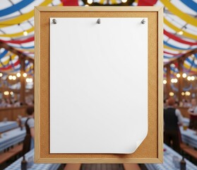 Blank Flyer Mockup Pinned To Bulletin Board In Oktoberfest Beer Tent Setting, Colorful Festive Background, No Text Or Logo