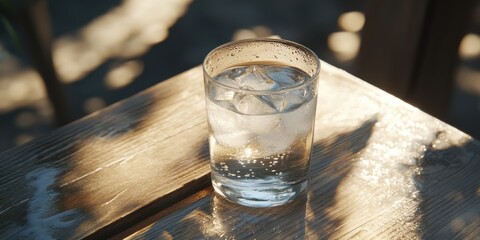 Iced water in a glass on a wooden table.