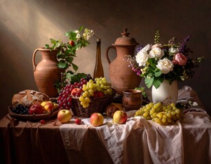 Rustic Still Life with Flowers, Fruit, Bread, and Clay Vessels in Natural Light