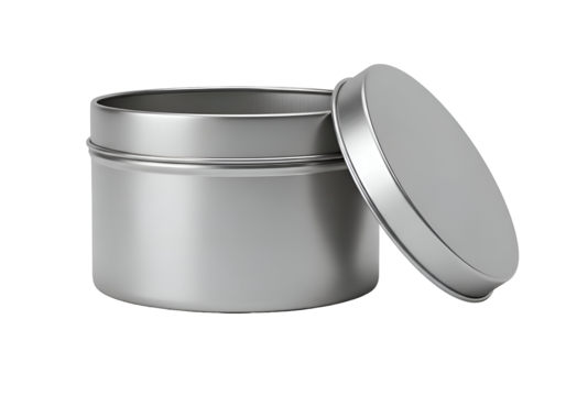 Blank metallic tin container with open lid.