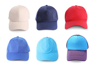 Baseball caps in different colors isolated on white, set