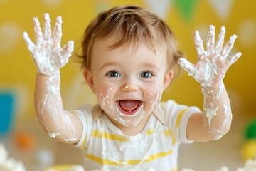 A Joyful Baby Covered Generously in Bright Yellow Food, Sporting a Cheerful Expression Full of Happiness and Fun