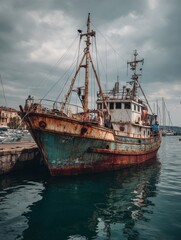 an old fishing vessel moored in the port