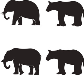 Fototapeta premium Isolated set of walking elephant silhouettes, a big wild mammal with a large trunk and tusks, against a nature background