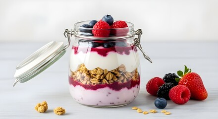 Delicious parfait in a jar with granola yogurt and berries on a white surface in bright light on transparent background