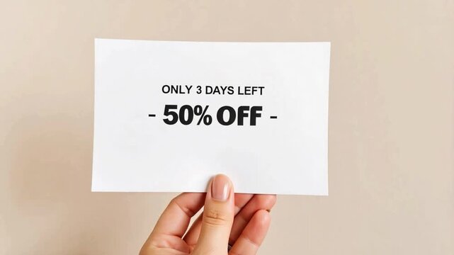 Limited time offer 50% off discount card, hand holding only 3 days left sale sign, promotional marketing flyer for retail business savings