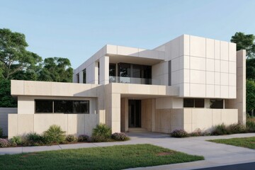 Modern architectural design featuring a minimalist concrete house set in a lush suburban neighborhood with ample greenery and sleek lines during daylight
