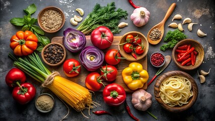 A vibrant overhead view of assorted fresh vegetables, herbs, spices, and pasta, artfully arranged on a dark textured surface, ready for cooking