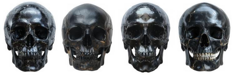 Four black human skulls are lined up against a transparent background in a spooky and macabre display