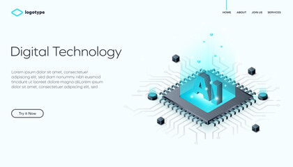 Web page template for digital technology or blockchain on wavy stylish background. Network infrastructure website layout concept. Isometric vector illustration with artificial intelligence and CPU.