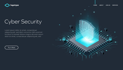 Abstract web page template for Cyber Security or blockchain on dark background. Network infrastructure website layout concept. Isometric vector illustration with processor.