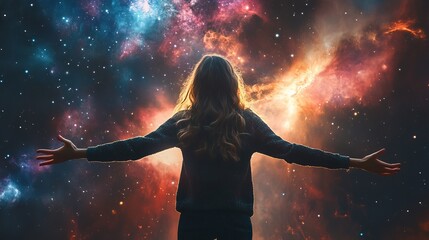 Embracing the vastness of the Universe A silhouette beautifully contrasts against a captivating cosmic background