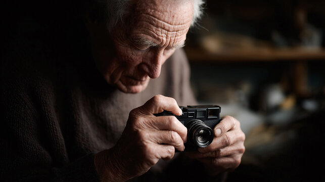 Senior man intently inspecting a classic camera, embodying expertise, nostalgia, and a lifelong passion for photography. Great for themes of experience, legacy, or craftsmanship.