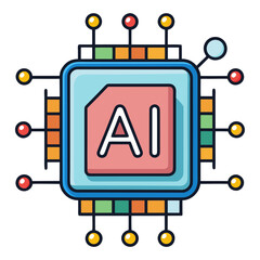 Cartoon AI Chip Icon – Flat 2D Vector with Colorful Tech Wires on White Background