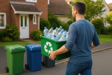Recycling at Home, Adult man in casual clothes holding green bin full of plastic bottles outside suburban house. Blue and green bins nearby. Concept of recycling, waste management, and sustainability