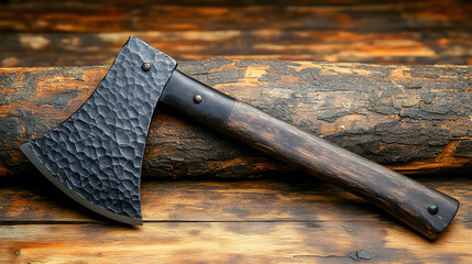 A rustic axe with a textured head resting on weathered wooden logs in a close up still life