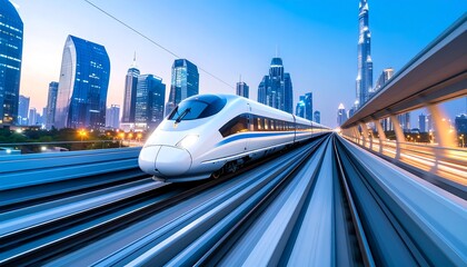 Modern high speed bullet train speeding through a futuristic city skyline at dusk with motion blur