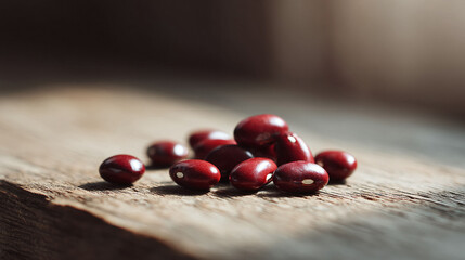 Rustic still life featuring a heap of shiny, red beans on aged wood. Evokes themes of healthy eating, natural ingredients, and simple pleasures. Ideal for food blogs or wellness content.