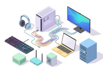 Isometric tech set: mechanical keyboard, over-ear headset, PC tower, ultrawide monitor, laptop, cables, router, rack server on white background