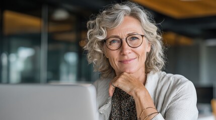 Smiling stylish mature middle aged woman sits at desk with laptop, portrait. Happy older senior businesswoman, 60s grey-haired lady wearing glasses looking at camera sitting at office table. Headshot