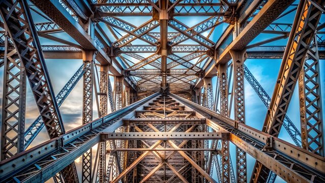 An abstract perspective looking up through the intricate steel lattice structure of a large bridge against a blue sky
