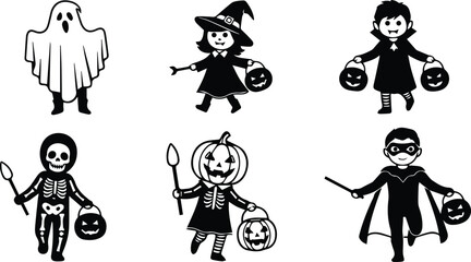  group of six children in halloween costumes including ghost, witch, superhero, skeleton, and pumpkin, isolated on white background vector illustration