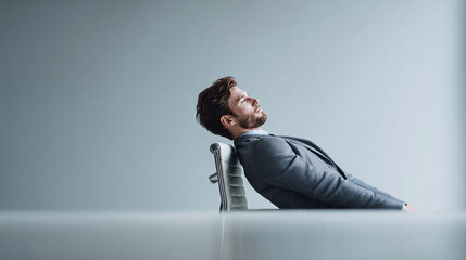 Relaxed businessman leaning back in chair, eyes closed. Minimalist, clean design conveys peace, contemplation, fatigue. Great for concepts of burnout, rest, and mental health.
