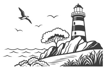 Lighthouse on Rocky Shore with Seagulls Flying.