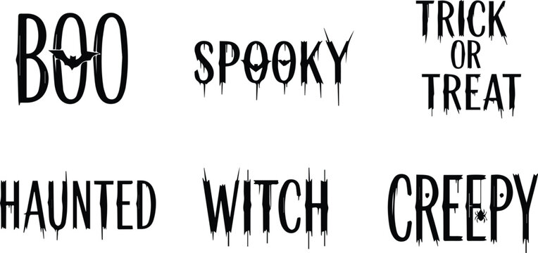  collection of halloweenthemed words and phrases in various spooky fonts, including boo, spooky, trick or treat, haunted, witch, and creepy, isolated on white background vector illustration