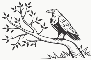 Stylized Raven Perched on a Branch.