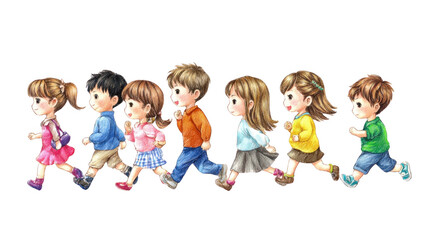 Cute Children Running in Line Illustration with Black Background