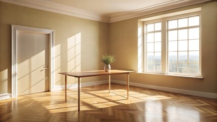 Fototapeta premium An empty, sunlit room with a simple wooden table and vase, featuring large windows casting geometric shadows on the polished wooden floor