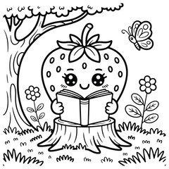 Cute strawberry character reading a book on a tree stump with a butterfly and flowers, fruit learning, kid coloring book, coloring page