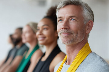 Diverse group looking forward, focusing on a mature man with positive expression. Concept for unity, teamwork, wellness, hope, or shared vision. Use for health, lifestyle, corporate themes.
