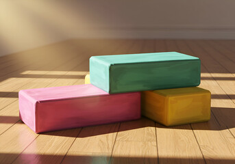 Colorful yoga blocks in a child's playroom stacked on a light-colored wooden floor. Brightly colored blocks rest atop each other in a creative display, showcasing various hues.