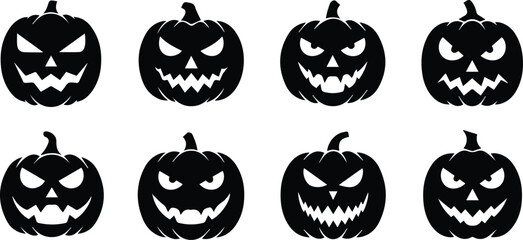  set of eight carved halloween pumpkins with scary faces, isolated on white background vector illustration