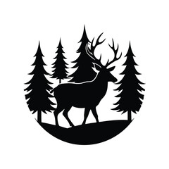 A silhouette vector of Elk walks throuh the forest