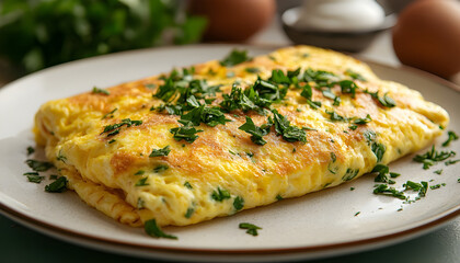 Fluffy Cheese Omelet with Fresh Herbs on a Breakfast Plate