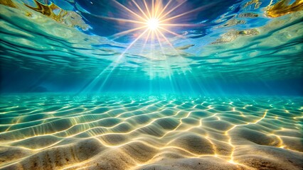 Underwater view of a tropical ocean with sunlight shining through the clear blue water, illuminating the sandy seabed with beautiful light patterns and ripples