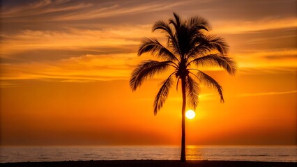 A vibrant sunset over the ocean with a silhouetted palm tree on the beach, casting a warm golden glow across the tropical landscape