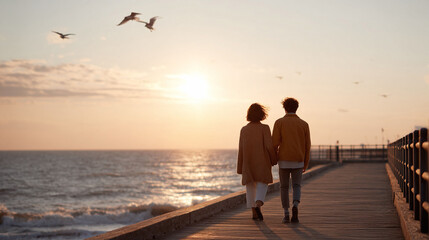 Fototapeta premium Romantic getaway. Couple walks handinhand on a pier towards a serene sunset over the ocean. Perfect for travel, love, or relationship concepts. Inspiring hope and togetherness.