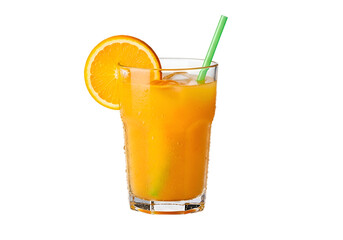 Orange juice drink in a glass with ice and a straw.