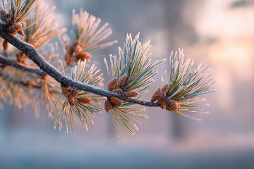 Close-up of a realistic pine branch coated in frost showing sharp icy wintertime details