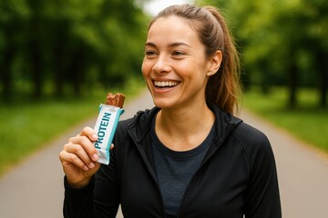 Woman Eating Protein Bar Outdoors, Smiling young white woman in black sportswear eating protein bar while walking in green park. Daylight setting. Concept of fitness, nutrition, and healthy lifestyle