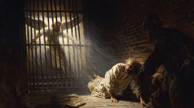 Dramatic painting of an angel freeing a prisoner from a dark dungeon, watched by a guard. Symbolizes hope, liberation, divine intervention, and justice. Use for religious themes.