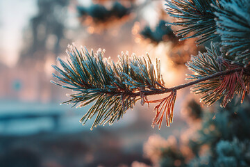 Frosty pine tree branch with delicate ice crystals on needles in a natural winter setting