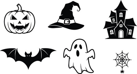  collection of halloween icons including a jackolantern, witch hat, haunted house, bat, ghost, and spider web, isolated on white background vector illustration