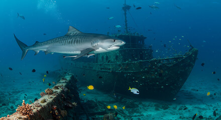 Fototapeta premium Magnificent tiger shark gracefully swims by the shipwreck thriving with vibrant marine life